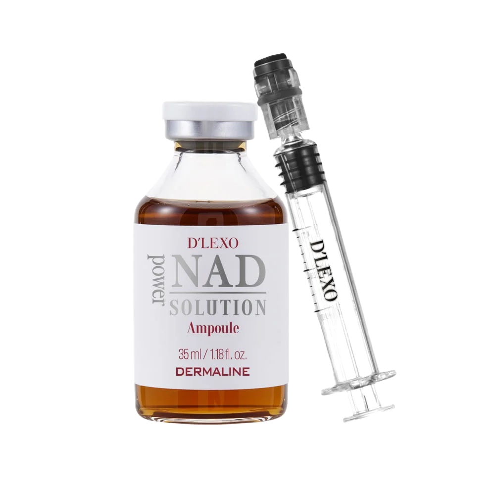 DERMALINE D’LEXO NAD Power Solution Ampoule energizuojanti, skaistinanti ampulė su NAD, niacinamidu, 6 pažangiu peptidų kompleksu ir 7 hialuronų formų kompleksu, 35 ml