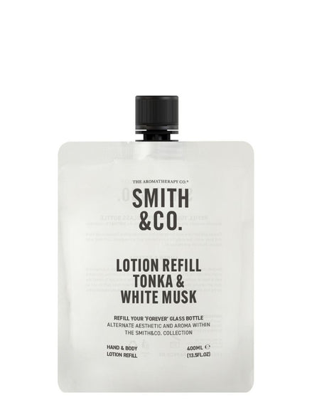 Smith & Co rankų ir kūno losjono papildymas „Tonka & White Musk“ 400 ml